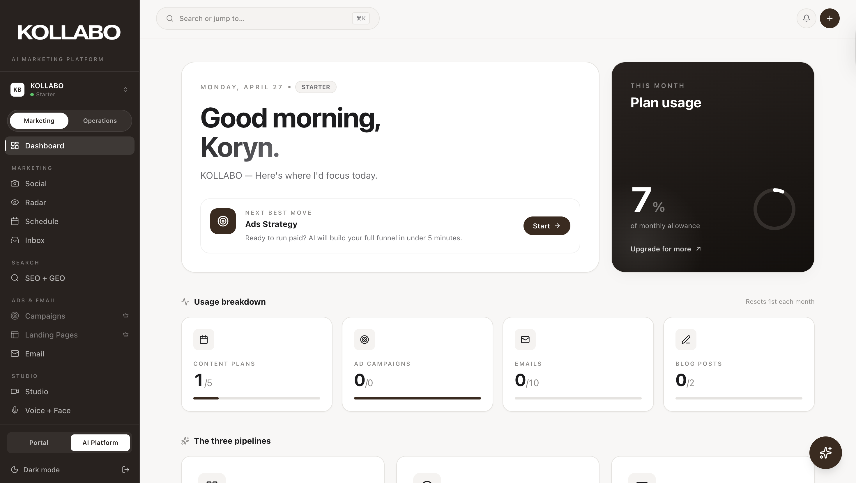 Kollabo AI dashboard